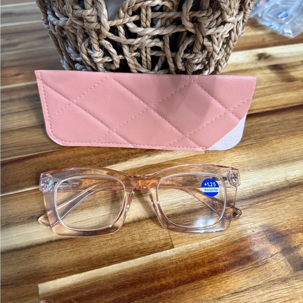 Elegant Women's blue light filter light pink Glasses with Pink Case